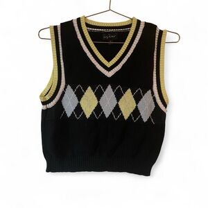 Black & Yellow Argyle Sweater Vest – Y2K Preppy Cropped Knit Academia Style